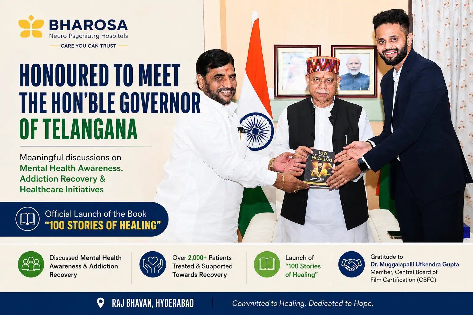 Dr. Uday Kiran meets the Hon'ble Governor of Telangana at Raj Bhavan and launches the book 100 Stories of Healing